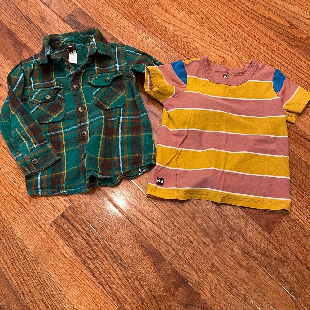 Tea Collection Size 3T Green Plaid Flannel Kids Shirt and striped T-Shirt